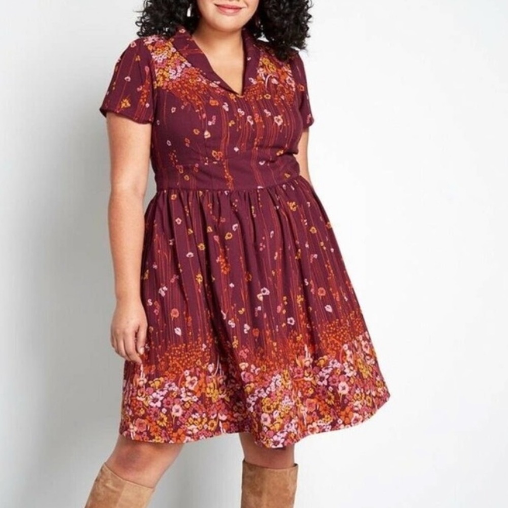 Modcloth Lively Identity Floral Print Collar Dress Short Sleeve